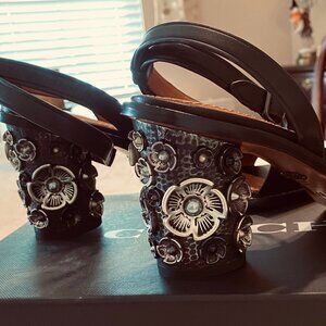 Coach Tea Rose Embellished Black Strap Sandal